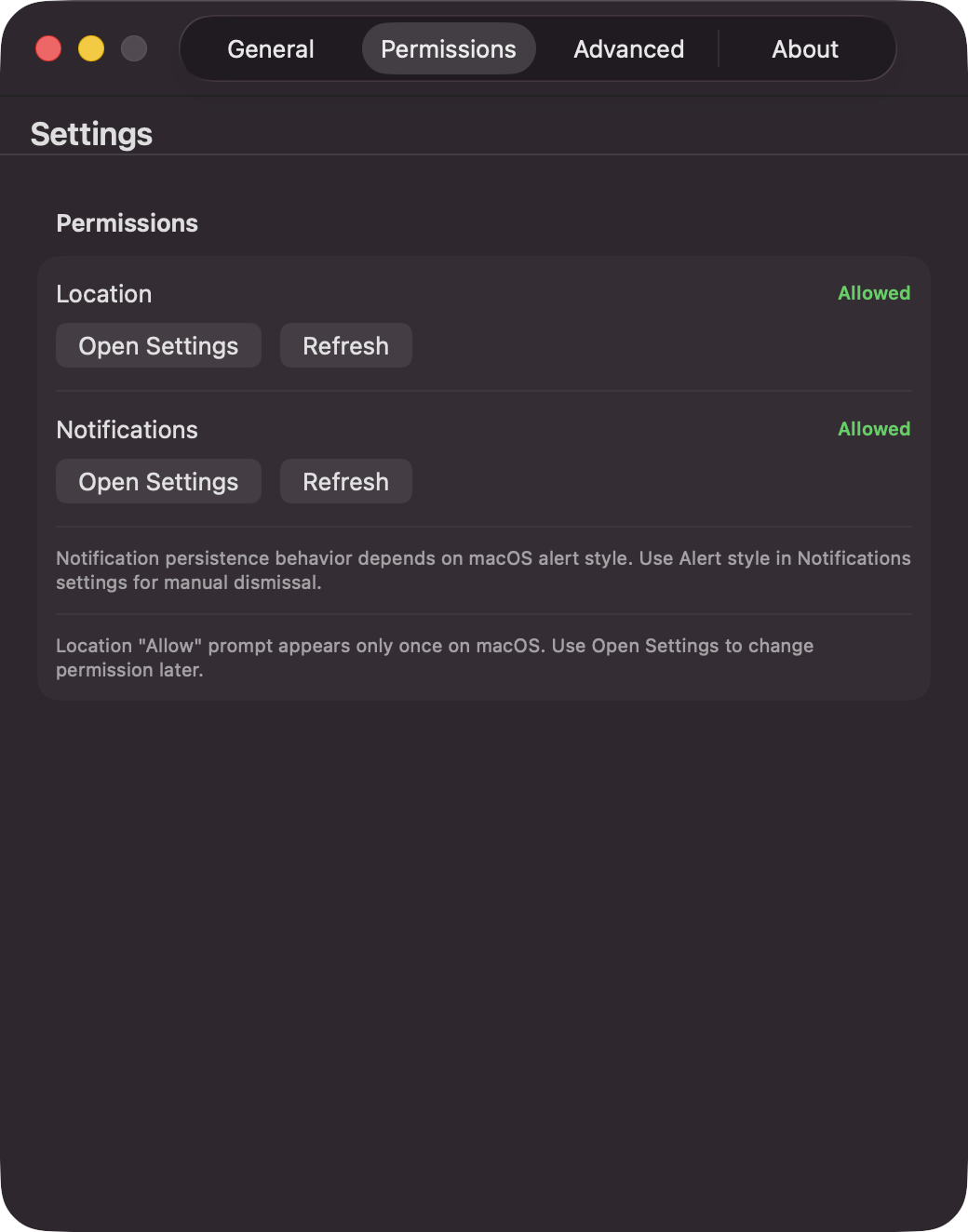 Permissions settings for location and notifications